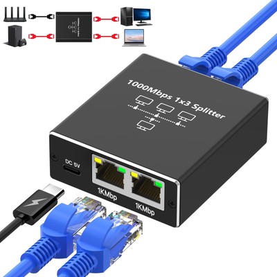 LAN Splitter 1 auf 3 1000Mbps Ethernet Switch 3-Port Netzwerk Kabel Verteiler