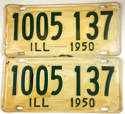 Vintage Illinois 1950 Auto License Plate Set Pair 1005 137 Man Cave Wall Decor