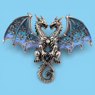 ICE DRAGON COUPLE BROOCH winter snow lovers fantasy pin silvertone blue gift A1