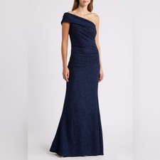 Eliza J Navy Blue Metallic Off The Shoulder Elegant Formal NWT Gown Size 16