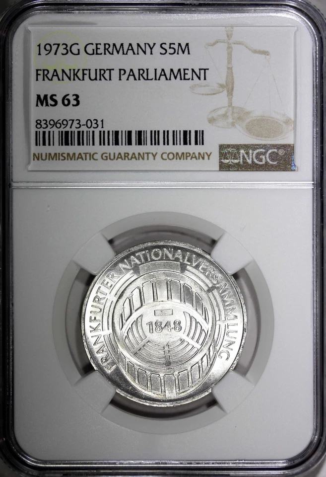 ALEMANIA Plata 1973 G 5 Mark Frankfurt Asamblea Nacional NGC MS63 KM#137 (031) Foto 2 de 4