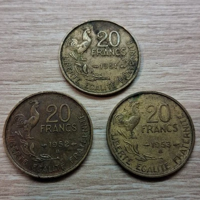 Lot de 3 pièces de 20 Francs Guiraud 1951 + 1952 B + 1953 B - Photo 1/2