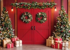 82.6x59inch Rustic Winter Christmas Red Barn Wood Door Backdrop CP-708 Props
