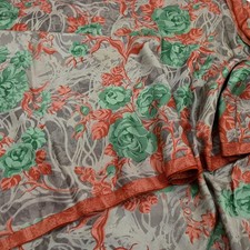 Vintage Sari Brown Pure Silk Printed Saree Craft Fabric 5yard Sewing Floral Soft