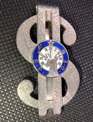 Vintage Elk s Club B.P.O.E Silver tone Enamel Money Clip Dollar Sign Chome