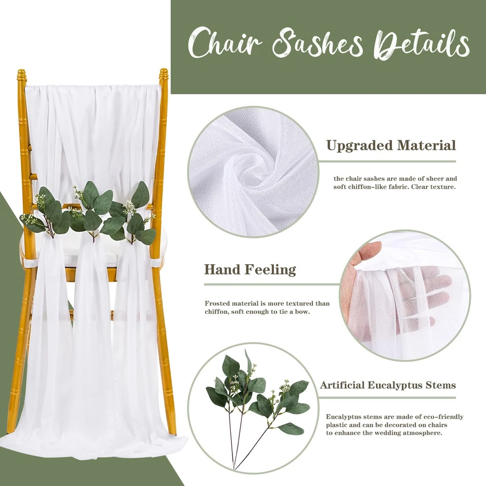 24 Pack of Sheer White Chair Sashes 8ft Long Wedding Aisle Decor with Eucalyptus - Image 2 of 4