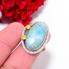 Natural Larimar Two Tone Designer 925 Sterling Silver Ring S.8 R98237