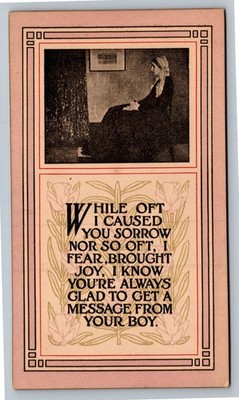1912 A.M. Davis Co. ''Message From Your Boy'' Mother Poem Postcard