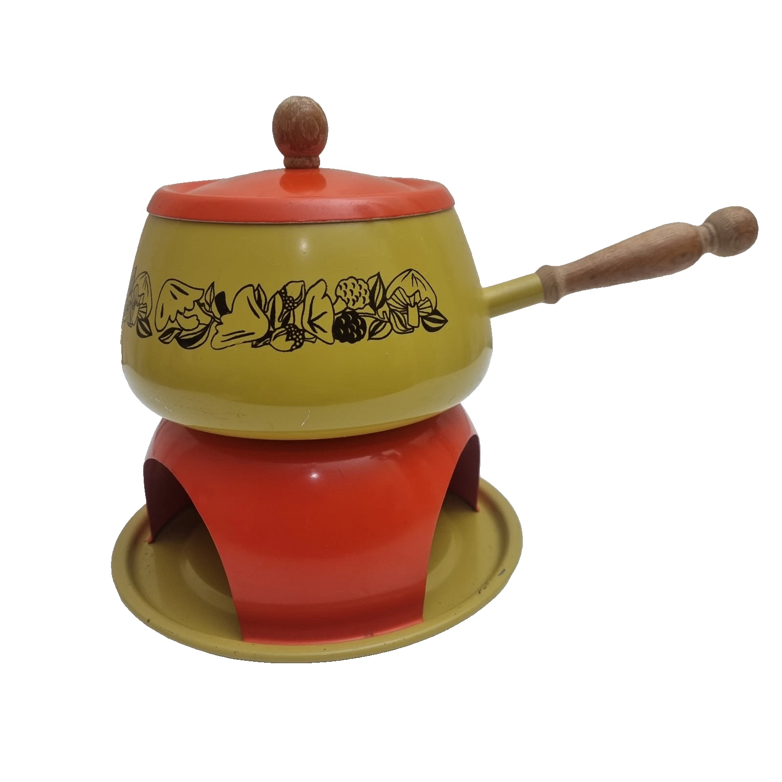 Vintage Fondue Pot Set Retro 70s Orange Floral Enamel Japan Kitchenware