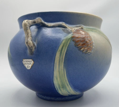 Roseville Pottery 632-5 Blue Pine Cone Jardiniere Vase Exc. Condition w/Sticker