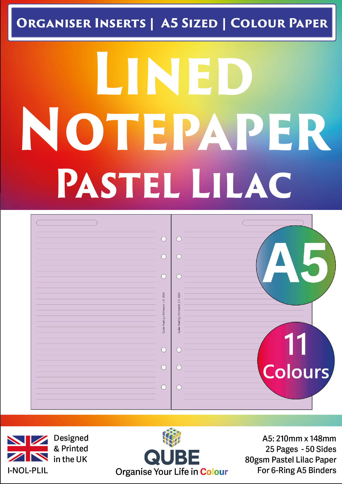 A5 Inserts / Refills: Lined Notepaper on 11 Coloured Papers - Filofax Compatible