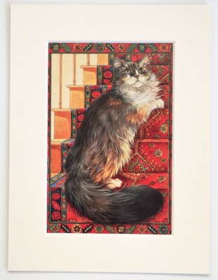 LESLEY ANNE ELFENBEIN KATZE - kleines Vintage Farbbuchteller - montiert für Rahmung