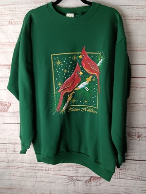 Adirondack Chritmas Sweater Size Large Green Birds Holiday Long Sleeve 