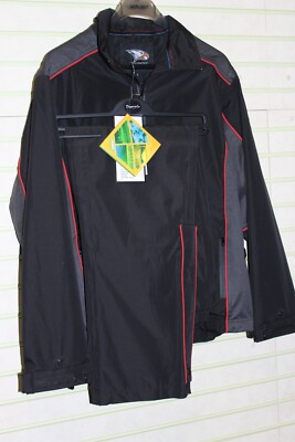 Falcon Herren wasserdichte & atmungsaktive Golfjacke/Hose schwarz/grau/roter Besatz S