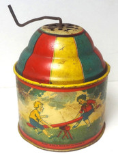 c1939 OHIO ART tin SEASAW MUSIC BOX -4 1/4" - SOUNDS NICE - BRYAN, OHIO MARK