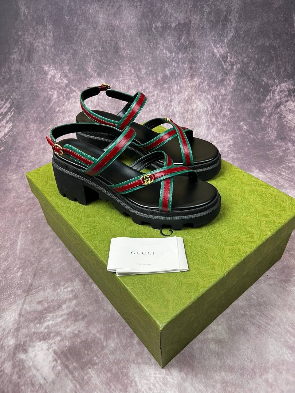 Gucci Web Stripe Leather Lug Platform Slingback Logo Sandals Size 38