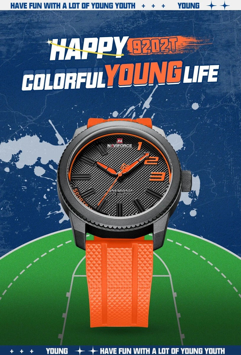 Montre Homme Militaire Sport Luxe - Quartz, Étanche 30m, Bracelet Silicone Orange/Noir
