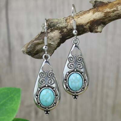 Boutique Vintage Bohemian Drop Earrings Ancient Silver Turquoise Round