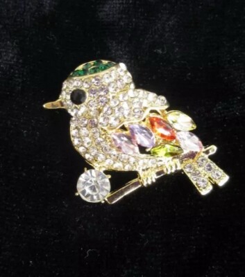 Baby Bird Pin Rhinestone Brooch Small Gold Sparrow Robin Chickadee Bling NEW