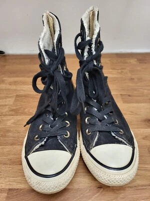 UK3.5 Converse All Star Noir Shearling Daim Zip Back Hi Top Fourrure Doublée Bottes - Photo 1/4