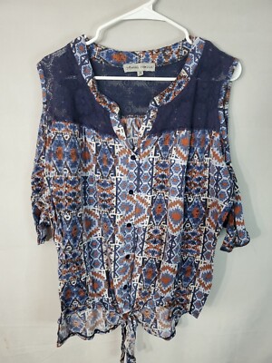 Absolutely Famous Blouse Women's Size 3X Blue Button Up Aztec cold shoulder