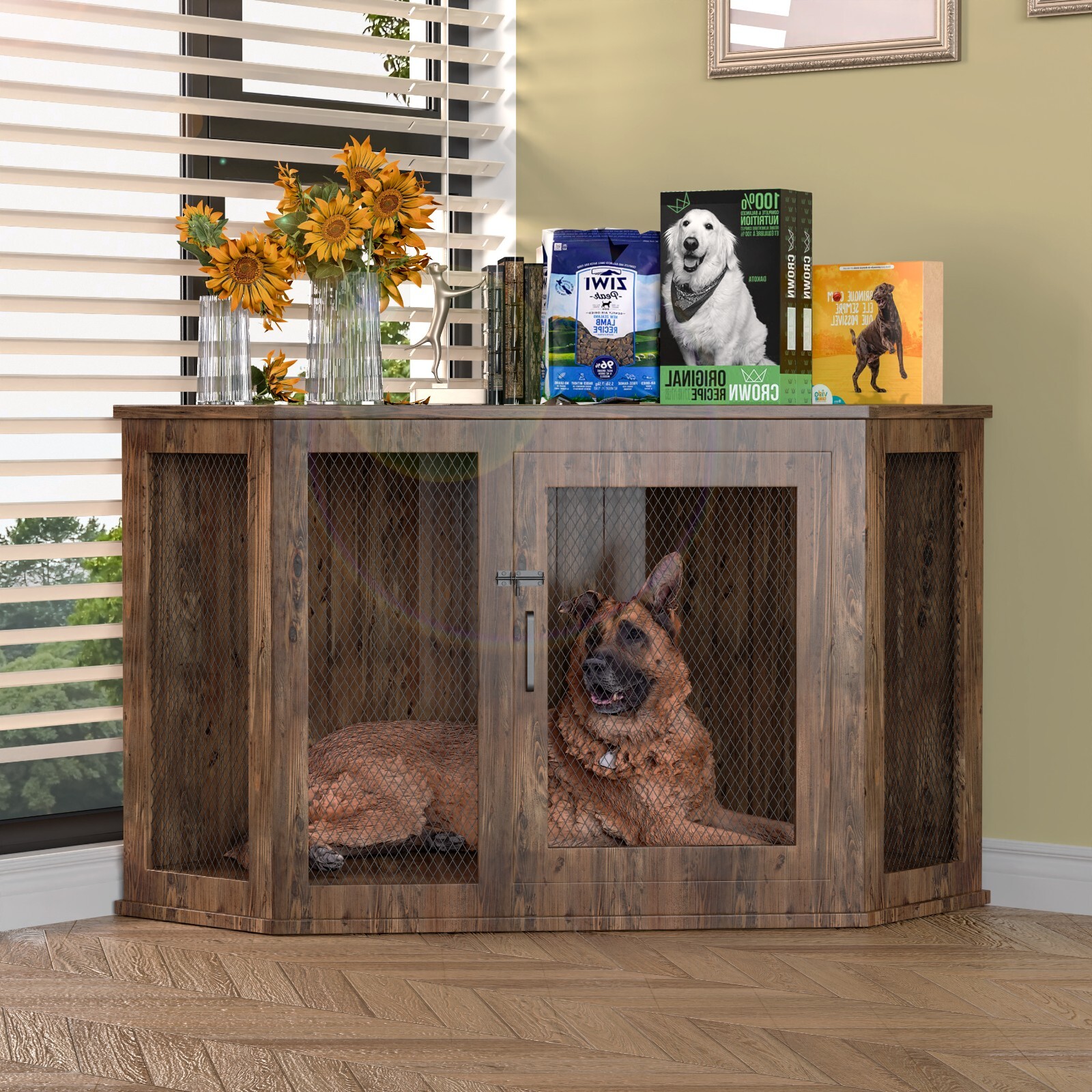 52" Corner Dog Crate Large Pet Kennel Wood TV Stand End Table Dog Cage Furniture