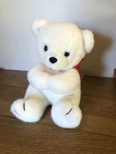 Vintage 1991 Prestige Toy Corp WHITE TEDDY BEAR Plush Red Bow Hands Together 9”