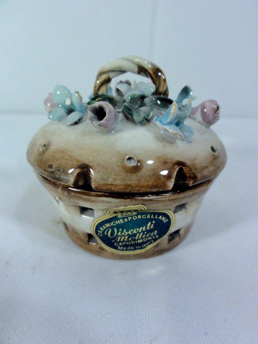 【保管品】CAPODIMONTE パランゾーネマスク　陶器　置物　ITALY Vtg VISCONTI MOLLICA CAPODIMONTE Jar Lid Trinket Box w/TAG Roses