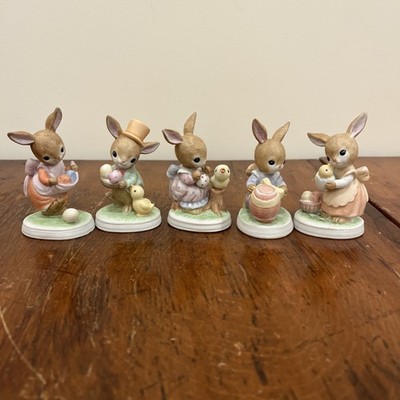 Vtg 5 1980 s Lefton Boy and Girl Bunnies Bunny Easter Eggs Figurines #03500