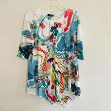 Inoah Colorful Abstract Size Small Short Sleeve Blouse Asymmetrical Tunic Top