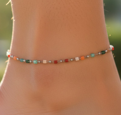 Boho Multi-Stone Silver Tone Anklet Minimalist Gemstone Chain Anklet For Women