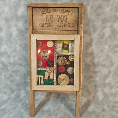 Vintage Gorman No.707 Washboard Folk Art Shadow Box Sewing Buttons 22x9 Used