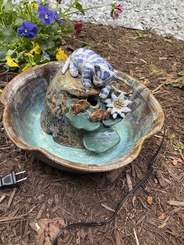 Vintage Nancy GERTIG OOAK Ceramic Cat Lotus Koi FOUNTAIN  Signed 98 Art Pottery
