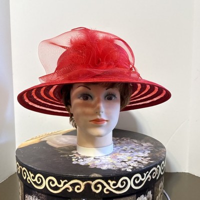 Women's Vintage Straw Hat Red Wide Brim 1 Size With Large Floral Hat Box