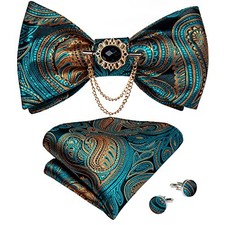 Silk Woven Bowtie Mens Self Bow Tie Set with Lapel Pin Teal Brown
