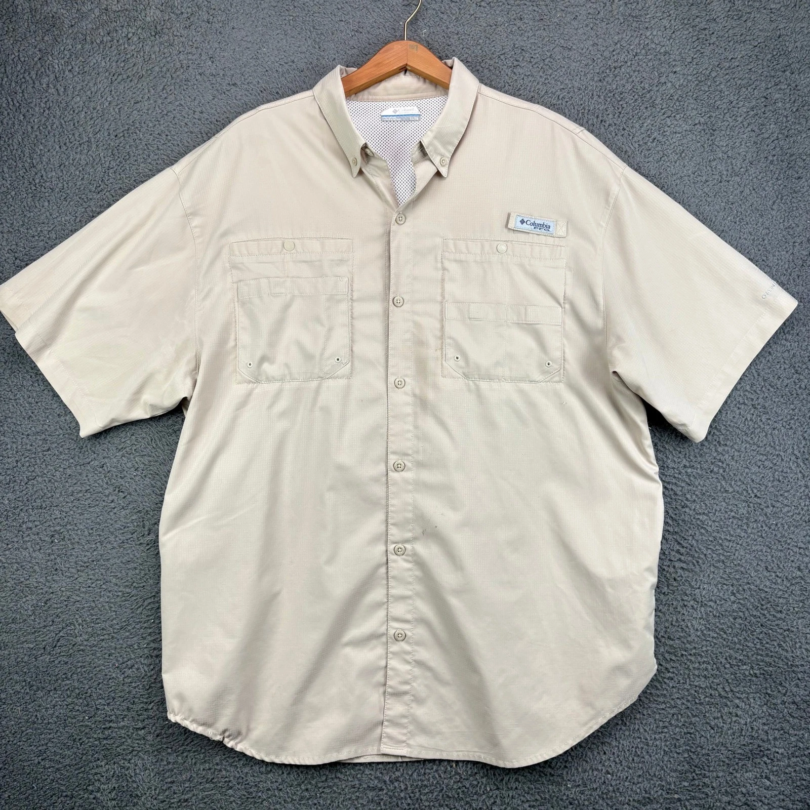 Columbia PFG Mens XL Tan Short Sleeve Button Up Fishing Shirt Omni-Shade Ripstop