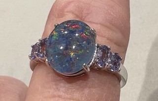 Blue Opal Triplet And Tanzanite Sterling Silver Ring Size 9 3/4
