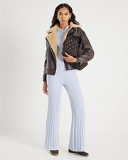 River Island Womens Trousers Blue Wide Leg Cable Knit Fabric Pants Bottoms