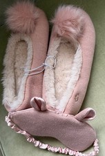 Women's Lauren Conrad L  9/10 Pink Soft Slippers, Fuzzy PomPoms, Sleeping Mask