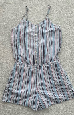 Vineyard Vines Girls Striped Cotton Romper Size L Red White Blue Seersucker USA