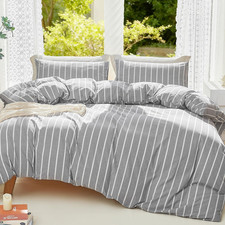 Grey Striped Duvet Cover Set Queen 3 Piece Bedding Zipper Closure Soft Style Bed