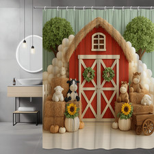 Cute Farmhouse Shower Curtain with Animals and Sunflowers