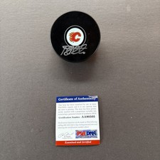 Jonas Hiller Autographed Signed Flames Logo Hockey Puck - PSA