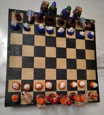 Sherpa Yaks  Mountaineer Expedition Paper Mache  Hand Painted Chess Set