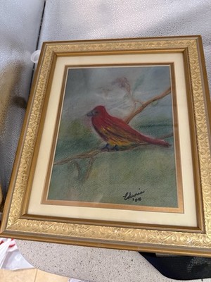 Vintage Original local CT artist Painting of a red finch 