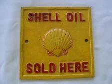 Shell Oil Sold Here Plaque Garage Mechanic Collector Cast Iron 6 1/2" x 6 1/2"