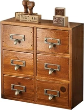 Vintage Card Catalog Drawers for Desktop - 6-Drawer Mini Wood Mahogany 