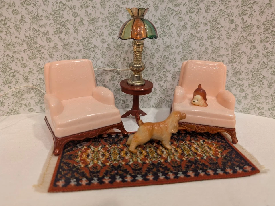 Renwal 3 Pc Living Room Set w/Tiffany Lamp Vintage Dollhouse Furniture Marx 1:16 - Image 3 of 4