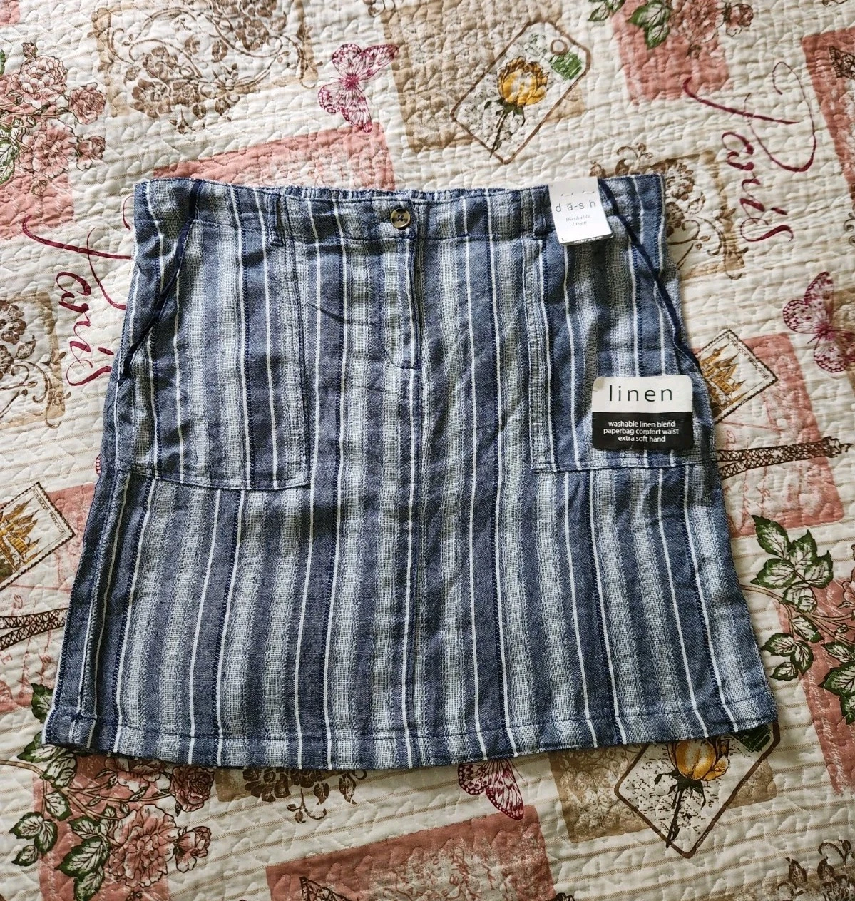 dash Women's Linen Rayon Striped Skirt Pockets Blue Gray Size L