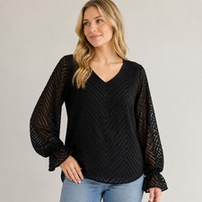 VICI Women  s Large Black Chevron Sheer Balloon Sleeve Blouse USA